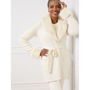 Talbots Faux Fur Trim Shawl Collar Coatigan Small Petite Cardigan Sweater